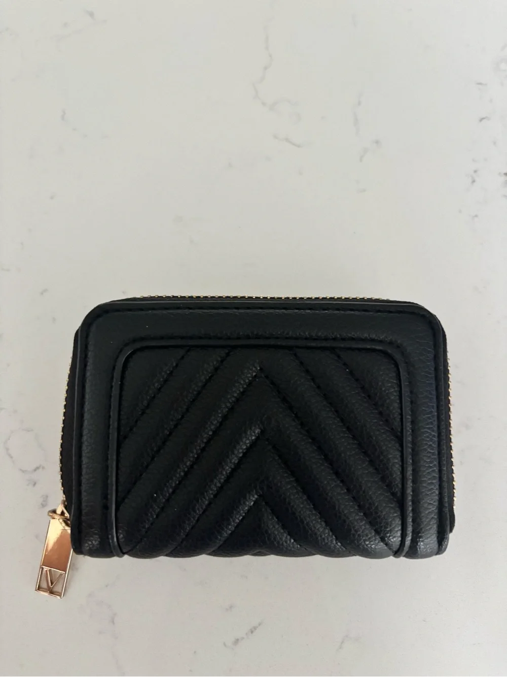 Victoria's Secret Black Quilted Zip-Around Wallet with Gold V Emblem